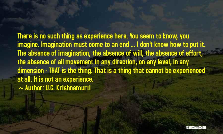 U.G. Krishnamurti Quotes: There Is No Such Thing As Experience Here. You Seem To Know, You Imagine. Imagination Must Come To An End