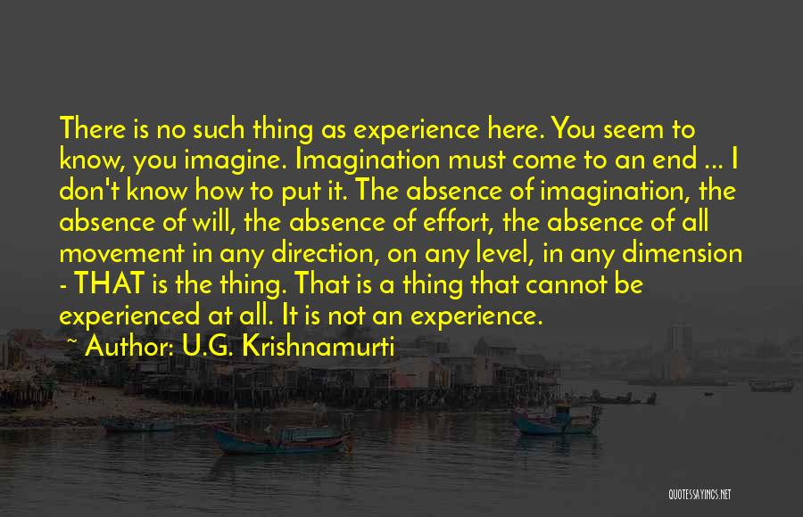 U.G. Krishnamurti Quotes: There Is No Such Thing As Experience Here. You Seem To Know, You Imagine. Imagination Must Come To An End