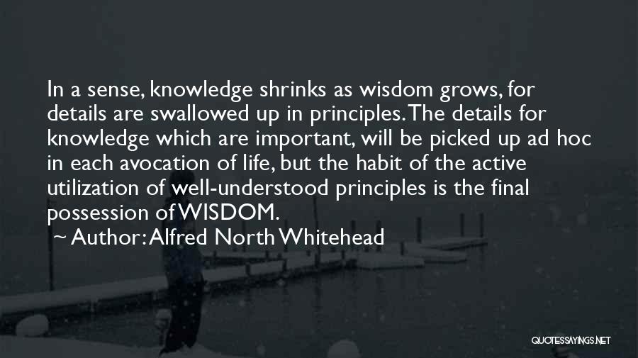 Alfred North Whitehead Quotes: In A Sense, Knowledge Shrinks As Wisdom Grows, For Details Are Swallowed Up In Principles. The Details For Knowledge Which