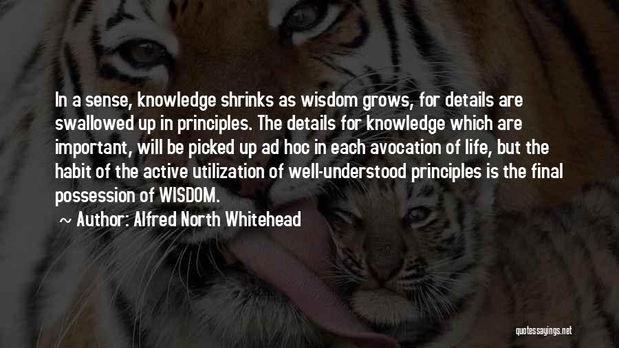 Alfred North Whitehead Quotes: In A Sense, Knowledge Shrinks As Wisdom Grows, For Details Are Swallowed Up In Principles. The Details For Knowledge Which