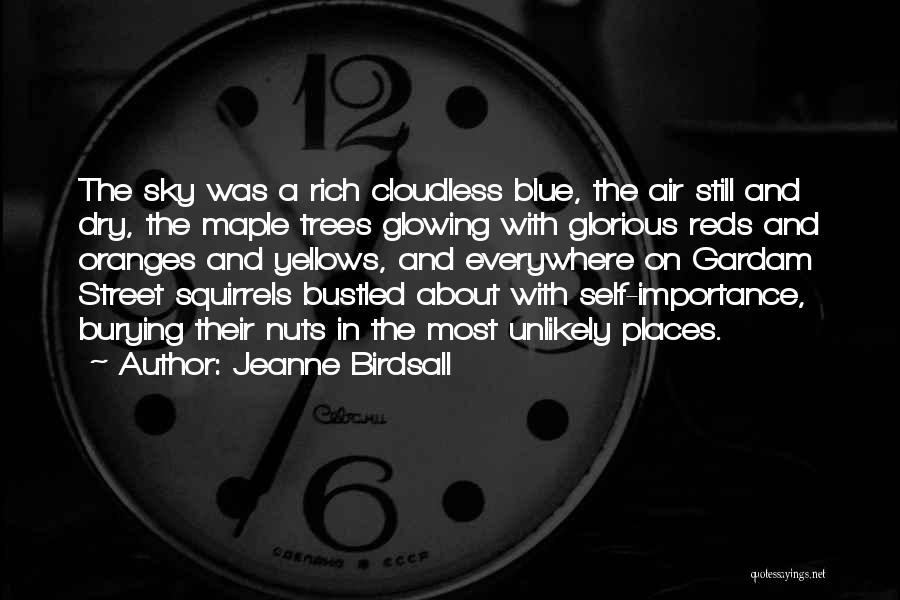 Jeanne Birdsall Quotes: The Sky Was A Rich Cloudless Blue, The Air Still And Dry, The Maple Trees Glowing With Glorious Reds And