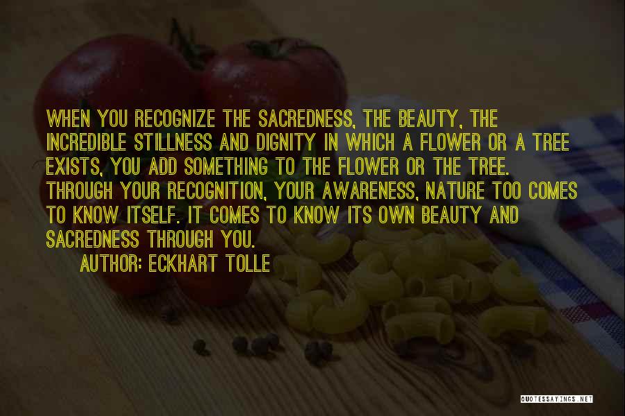Eckhart Tolle Quotes: When You Recognize The Sacredness, The Beauty, The Incredible Stillness And Dignity In Which A Flower Or A Tree Exists,