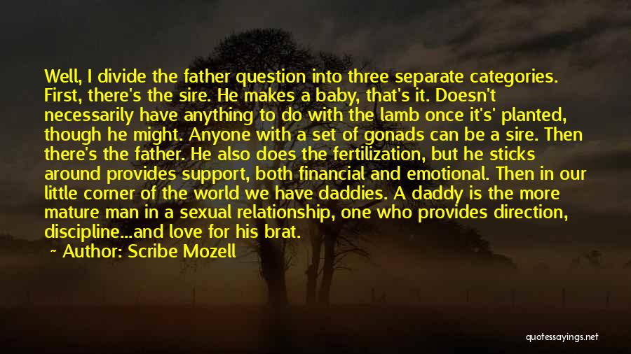 Scribe Mozell Quotes: Well, I Divide The Father Question Into Three Separate Categories. First, There's The Sire. He Makes A Baby, That's It.