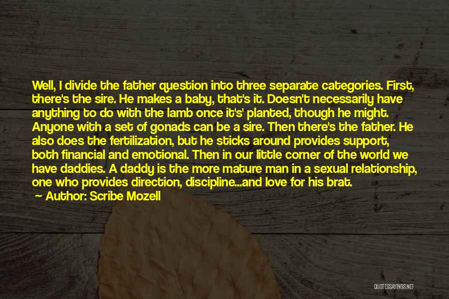 Scribe Mozell Quotes: Well, I Divide The Father Question Into Three Separate Categories. First, There's The Sire. He Makes A Baby, That's It.