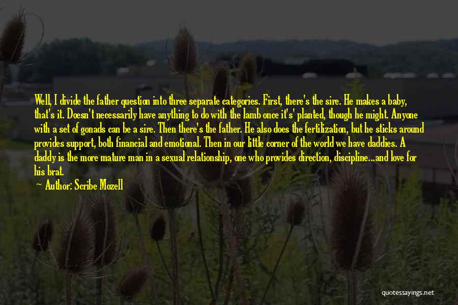 Scribe Mozell Quotes: Well, I Divide The Father Question Into Three Separate Categories. First, There's The Sire. He Makes A Baby, That's It.