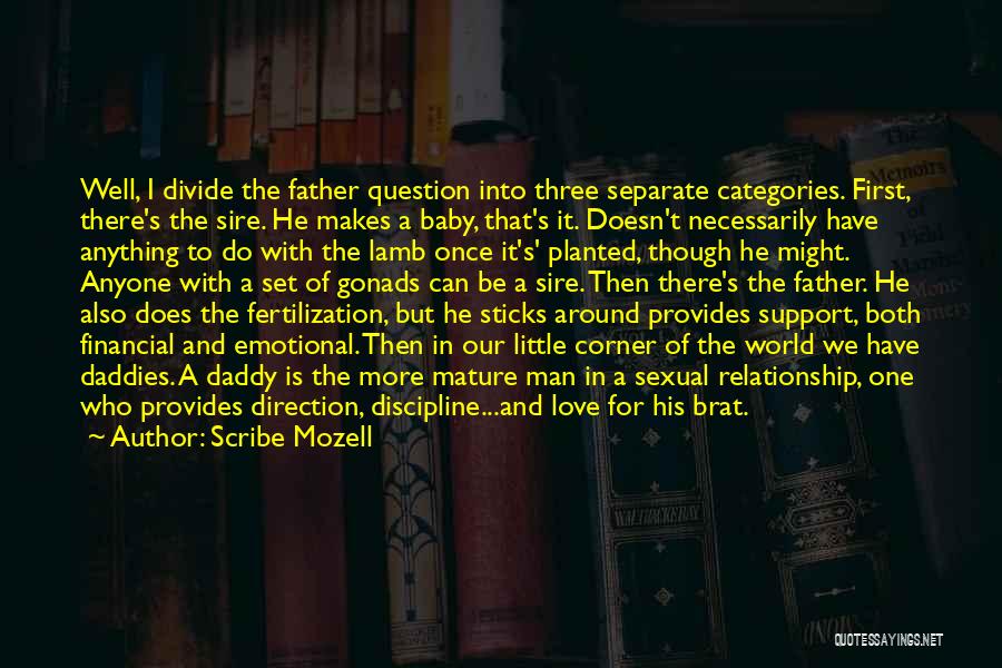 Scribe Mozell Quotes: Well, I Divide The Father Question Into Three Separate Categories. First, There's The Sire. He Makes A Baby, That's It.