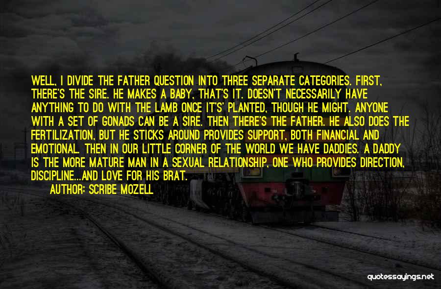 Scribe Mozell Quotes: Well, I Divide The Father Question Into Three Separate Categories. First, There's The Sire. He Makes A Baby, That's It.