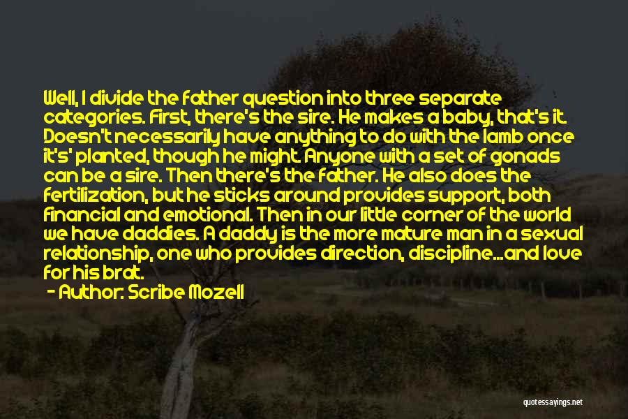 Scribe Mozell Quotes: Well, I Divide The Father Question Into Three Separate Categories. First, There's The Sire. He Makes A Baby, That's It.