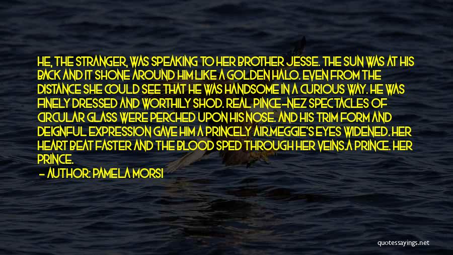 Pamela Morsi Quotes: He, The Stranger, Was Speaking To Her Brother Jesse. The Sun Was At His Back And It Shone Around Him