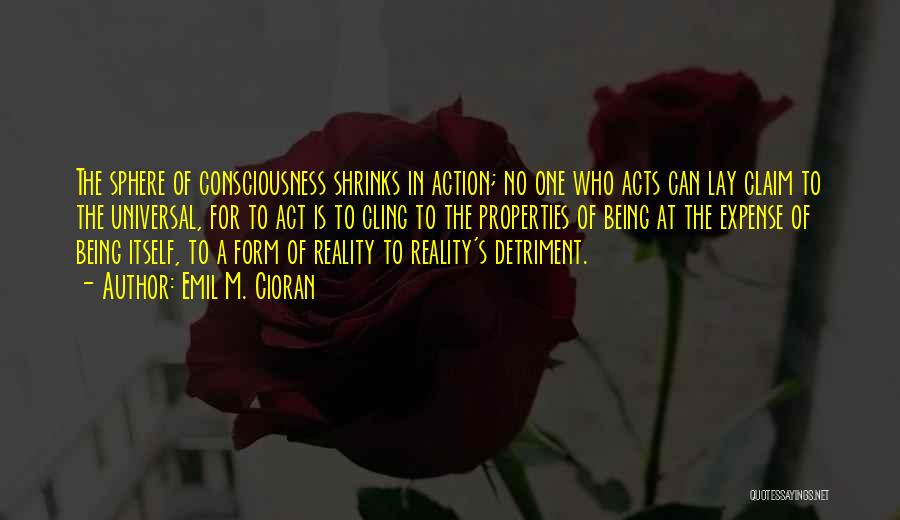 Emil M. Cioran Quotes: The Sphere Of Consciousness Shrinks In Action; No One Who Acts Can Lay Claim To The Universal, For To Act