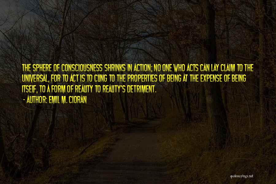 Emil M. Cioran Quotes: The Sphere Of Consciousness Shrinks In Action; No One Who Acts Can Lay Claim To The Universal, For To Act