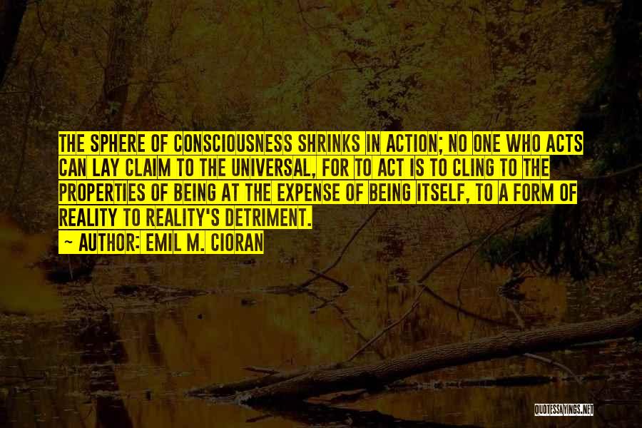 Emil M. Cioran Quotes: The Sphere Of Consciousness Shrinks In Action; No One Who Acts Can Lay Claim To The Universal, For To Act