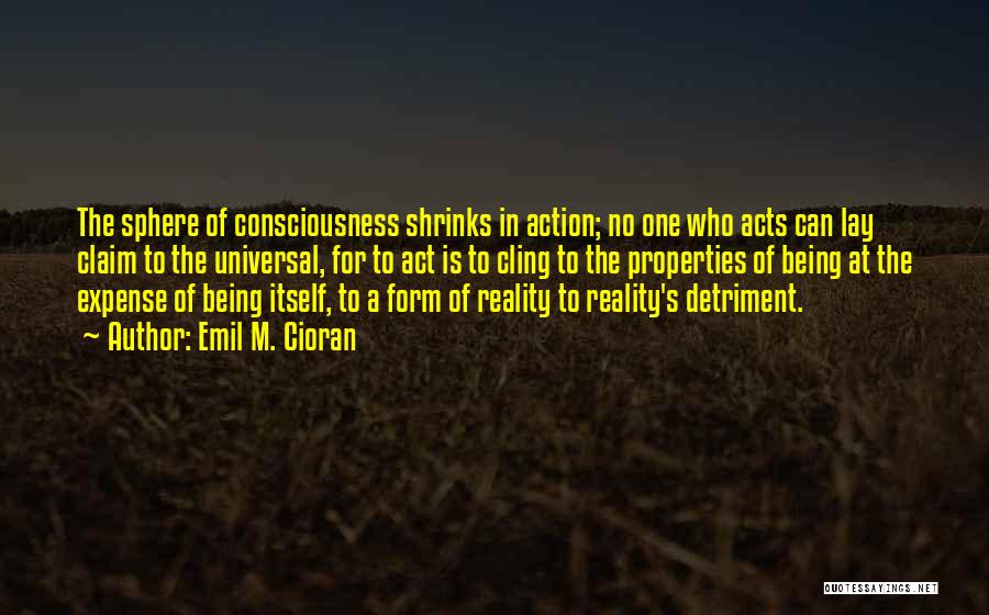 Emil M. Cioran Quotes: The Sphere Of Consciousness Shrinks In Action; No One Who Acts Can Lay Claim To The Universal, For To Act