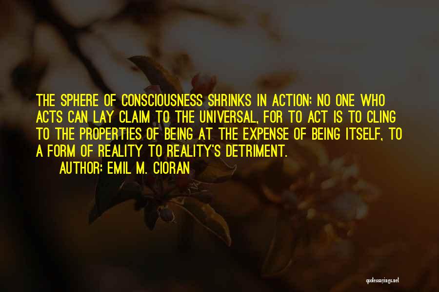 Emil M. Cioran Quotes: The Sphere Of Consciousness Shrinks In Action; No One Who Acts Can Lay Claim To The Universal, For To Act