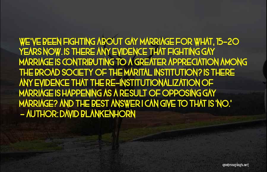 David Blankenhorn Quotes: We've Been Fighting About Gay Marriage For What, 15-20 Years Now. Is There Any Evidence That Fighting Gay Marriage Is