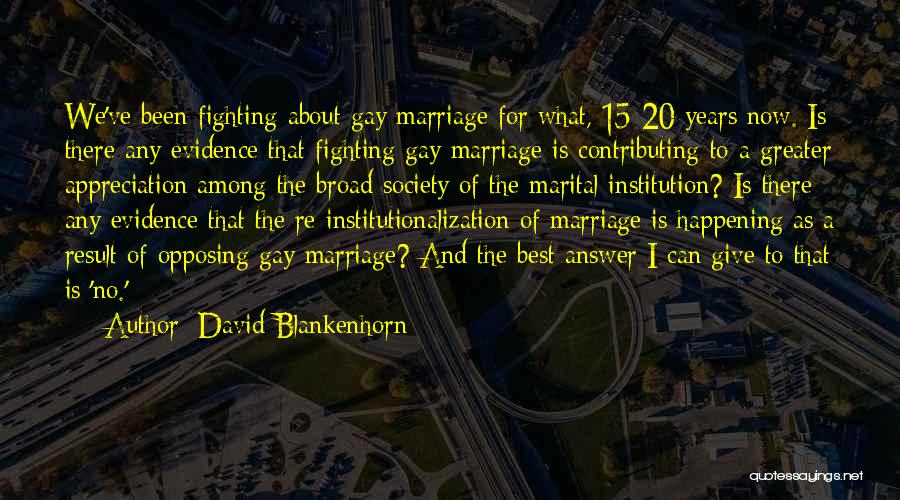 David Blankenhorn Quotes: We've Been Fighting About Gay Marriage For What, 15-20 Years Now. Is There Any Evidence That Fighting Gay Marriage Is