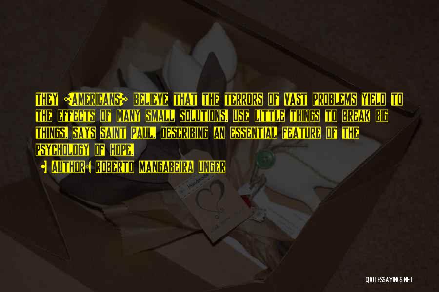 Roberto Mangabeira Unger Quotes: They [americans] Believe That The Terrors Of Vast Problems Yield To The Effects Of Many Small Solutions. Use Little Things
