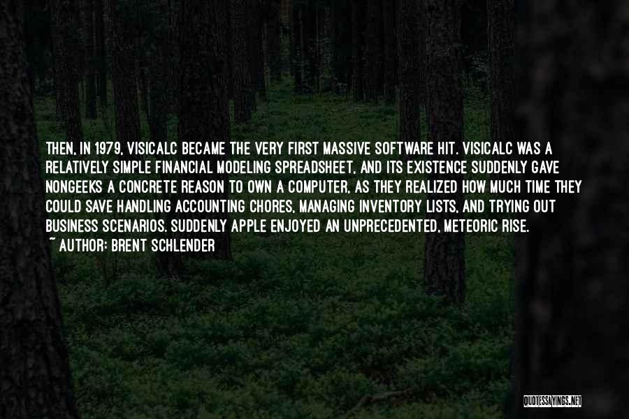 Brent Schlender Quotes: Then, In 1979, Visicalc Became The Very First Massive Software Hit. Visicalc Was A Relatively Simple Financial Modeling Spreadsheet, And