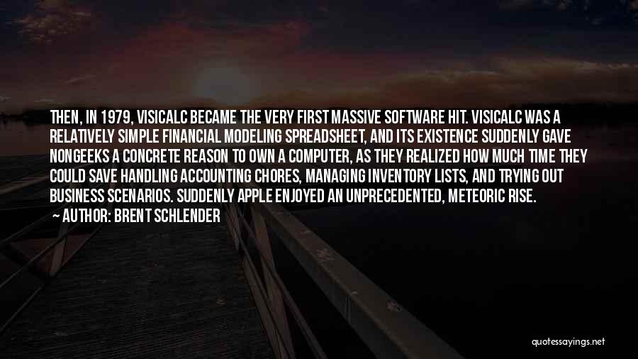 Brent Schlender Quotes: Then, In 1979, Visicalc Became The Very First Massive Software Hit. Visicalc Was A Relatively Simple Financial Modeling Spreadsheet, And