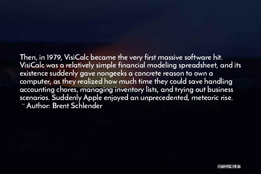 Brent Schlender Quotes: Then, In 1979, Visicalc Became The Very First Massive Software Hit. Visicalc Was A Relatively Simple Financial Modeling Spreadsheet, And