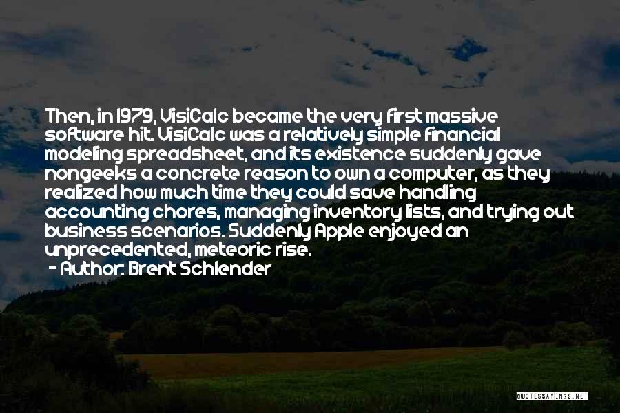 Brent Schlender Quotes: Then, In 1979, Visicalc Became The Very First Massive Software Hit. Visicalc Was A Relatively Simple Financial Modeling Spreadsheet, And