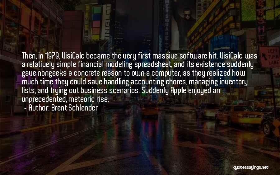 Brent Schlender Quotes: Then, In 1979, Visicalc Became The Very First Massive Software Hit. Visicalc Was A Relatively Simple Financial Modeling Spreadsheet, And