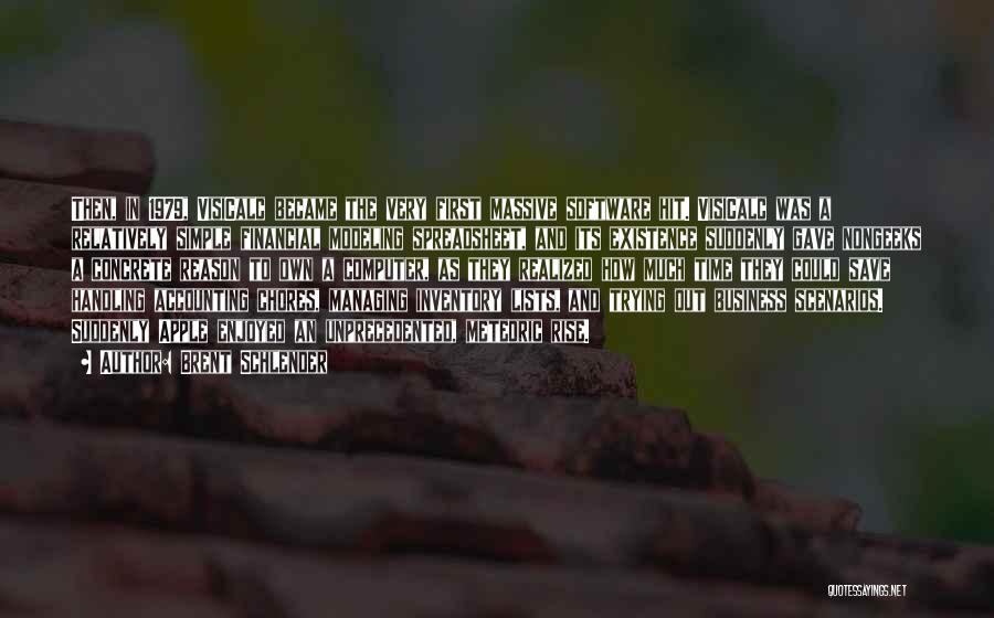 Brent Schlender Quotes: Then, In 1979, Visicalc Became The Very First Massive Software Hit. Visicalc Was A Relatively Simple Financial Modeling Spreadsheet, And
