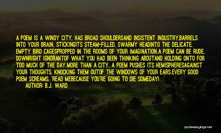 B.J. Ward Quotes: A Poem Is A Windy City, Has Broad Shouldersand Insistent Industry,barrels Into Your Brain, Stickingits Steam-filled, Swarmy Headinto The Delicate,