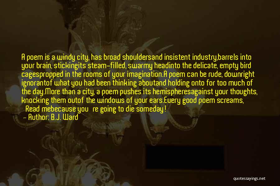 B.J. Ward Quotes: A Poem Is A Windy City, Has Broad Shouldersand Insistent Industry,barrels Into Your Brain, Stickingits Steam-filled, Swarmy Headinto The Delicate,