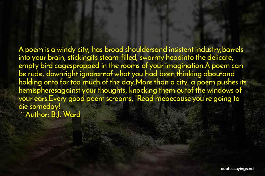 B.J. Ward Quotes: A Poem Is A Windy City, Has Broad Shouldersand Insistent Industry,barrels Into Your Brain, Stickingits Steam-filled, Swarmy Headinto The Delicate,