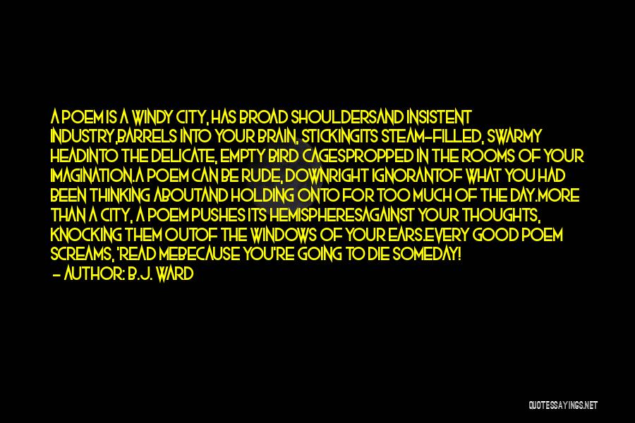 B.J. Ward Quotes: A Poem Is A Windy City, Has Broad Shouldersand Insistent Industry,barrels Into Your Brain, Stickingits Steam-filled, Swarmy Headinto The Delicate,