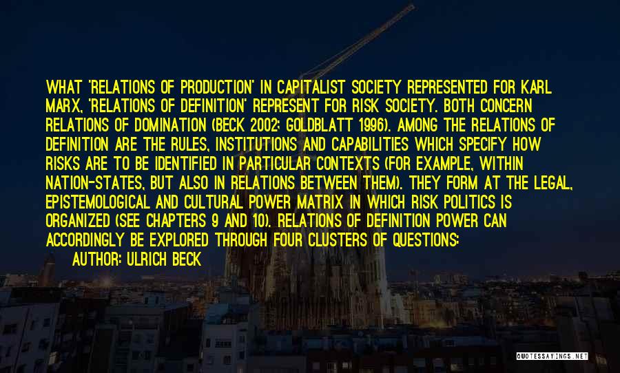 Ulrich Beck Quotes: What 'relations Of Production' In Capitalist Society Represented For Karl Marx, 'relations Of Definition' Represent For Risk Society. Both Concern