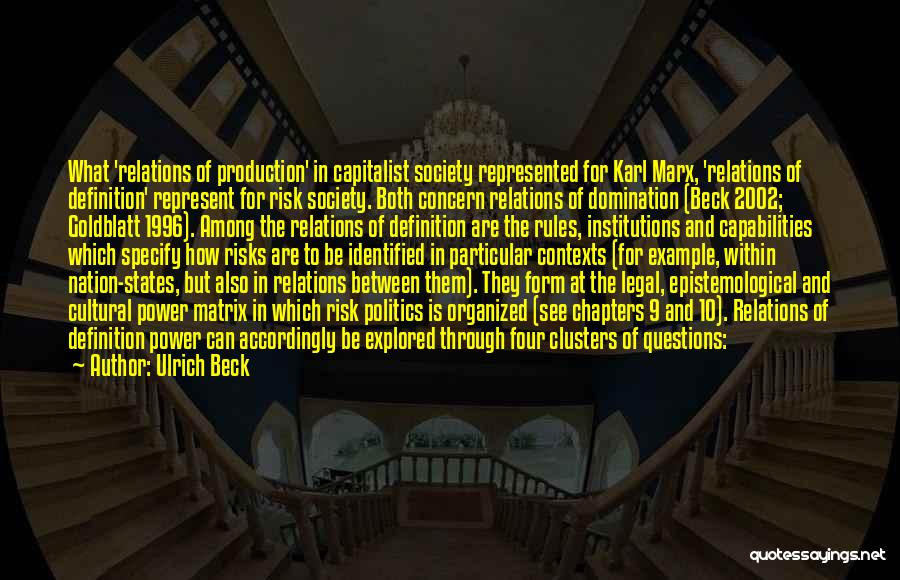 Ulrich Beck Quotes: What 'relations Of Production' In Capitalist Society Represented For Karl Marx, 'relations Of Definition' Represent For Risk Society. Both Concern