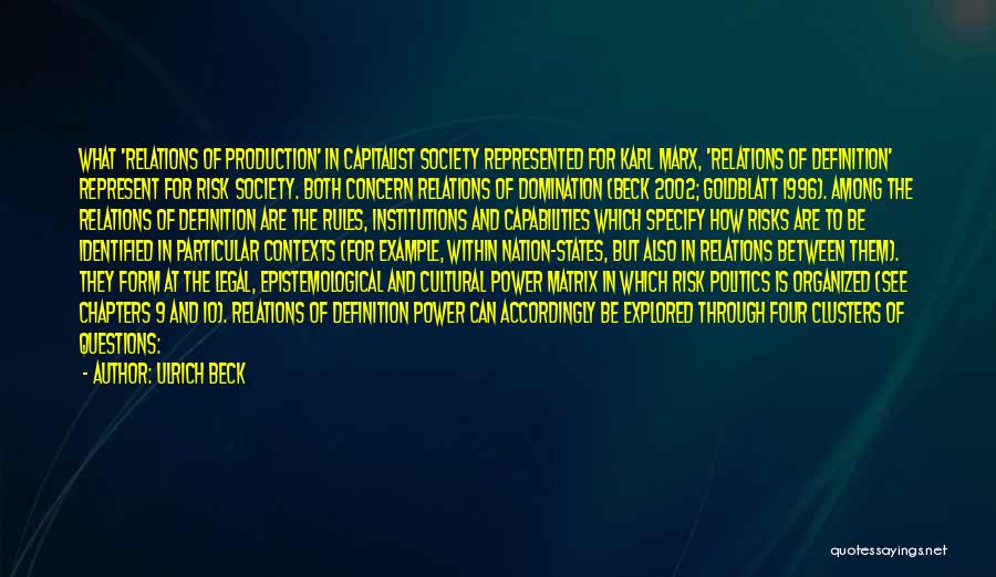Ulrich Beck Quotes: What 'relations Of Production' In Capitalist Society Represented For Karl Marx, 'relations Of Definition' Represent For Risk Society. Both Concern