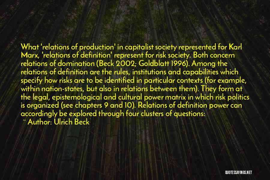 Ulrich Beck Quotes: What 'relations Of Production' In Capitalist Society Represented For Karl Marx, 'relations Of Definition' Represent For Risk Society. Both Concern