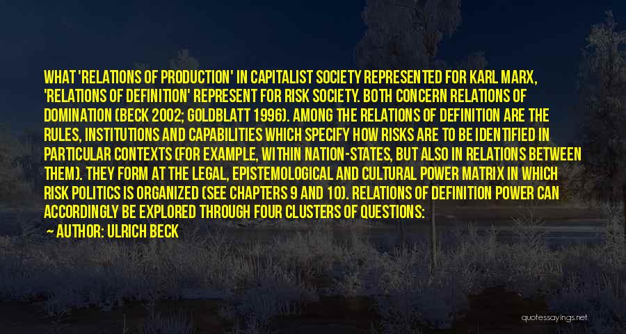 Ulrich Beck Quotes: What 'relations Of Production' In Capitalist Society Represented For Karl Marx, 'relations Of Definition' Represent For Risk Society. Both Concern