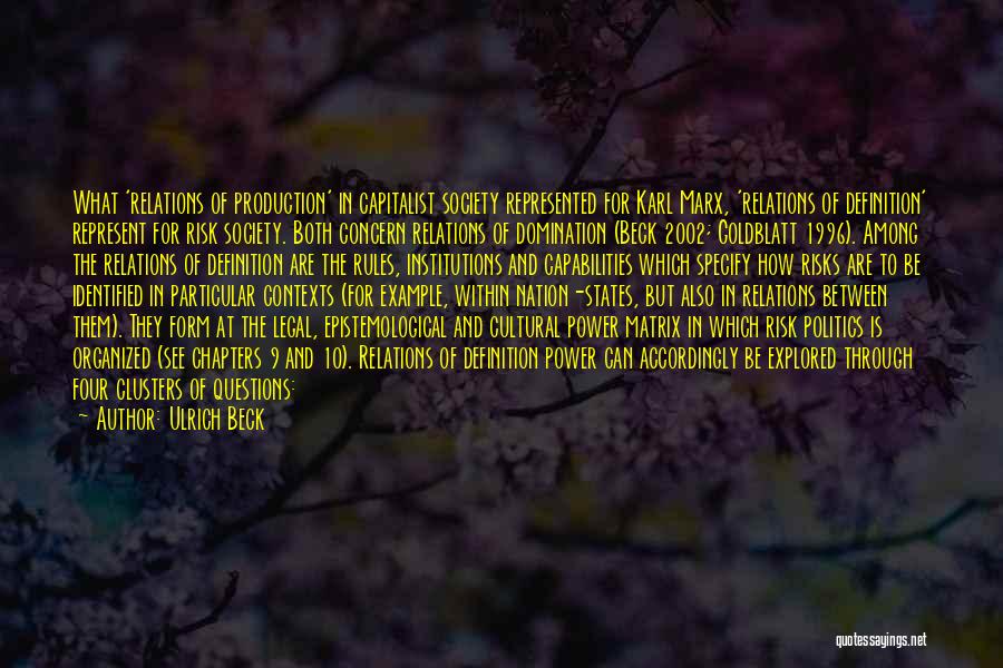 Ulrich Beck Quotes: What 'relations Of Production' In Capitalist Society Represented For Karl Marx, 'relations Of Definition' Represent For Risk Society. Both Concern
