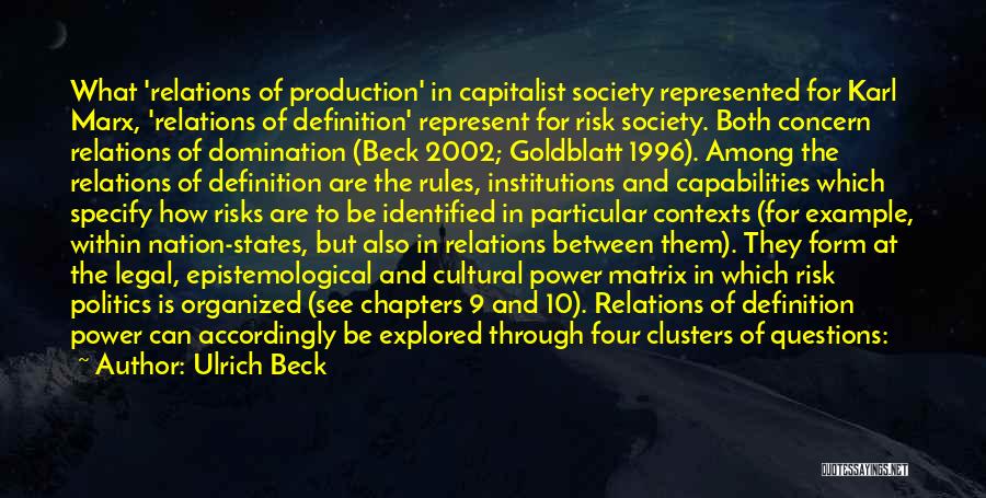 Ulrich Beck Quotes: What 'relations Of Production' In Capitalist Society Represented For Karl Marx, 'relations Of Definition' Represent For Risk Society. Both Concern