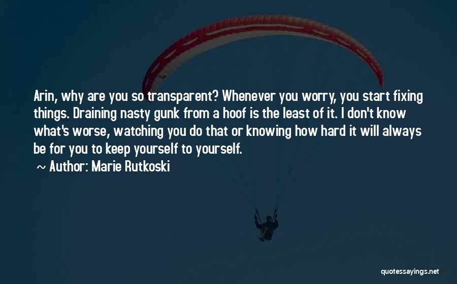 Marie Rutkoski Quotes: Arin, Why Are You So Transparent? Whenever You Worry, You Start Fixing Things. Draining Nasty Gunk From A Hoof Is