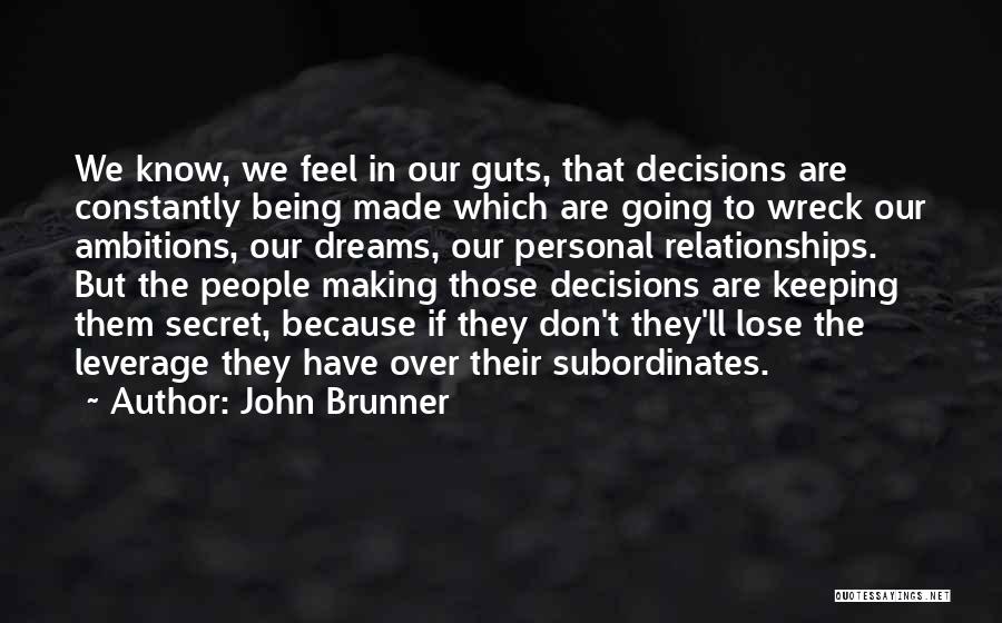 John Brunner Quotes: We Know, We Feel In Our Guts, That Decisions Are Constantly Being Made Which Are Going To Wreck Our Ambitions,