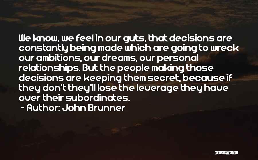 John Brunner Quotes: We Know, We Feel In Our Guts, That Decisions Are Constantly Being Made Which Are Going To Wreck Our Ambitions,