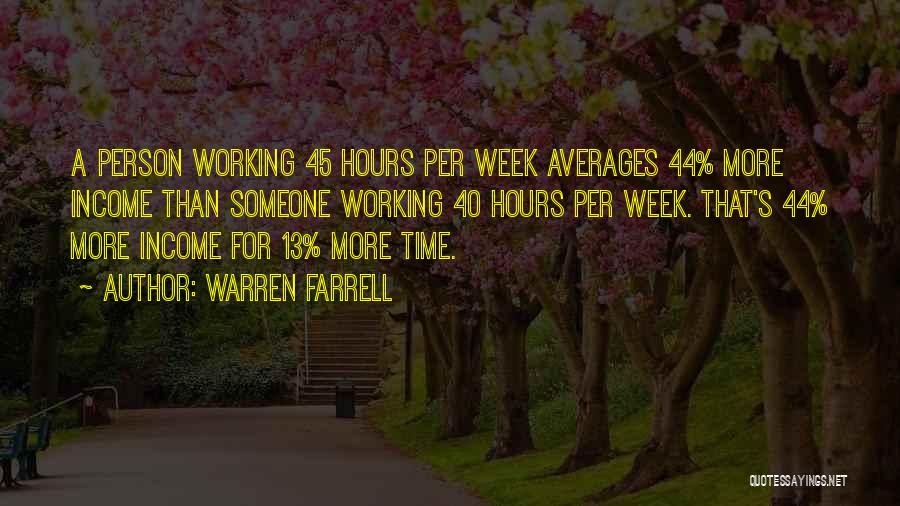 Warren Farrell Quotes: A Person Working 45 Hours Per Week Averages 44% More Income Than Someone Working 40 Hours Per Week. That's 44%