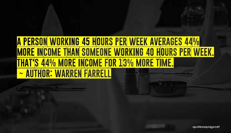 Warren Farrell Quotes: A Person Working 45 Hours Per Week Averages 44% More Income Than Someone Working 40 Hours Per Week. That's 44%