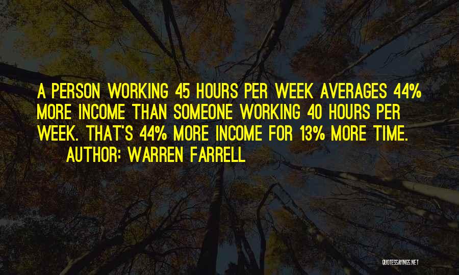 Warren Farrell Quotes: A Person Working 45 Hours Per Week Averages 44% More Income Than Someone Working 40 Hours Per Week. That's 44%