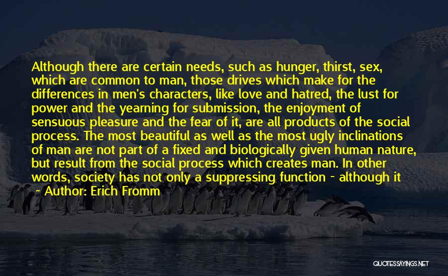 Erich Fromm Quotes: Although There Are Certain Needs, Such As Hunger, Thirst, Sex, Which Are Common To Man, Those Drives Which Make For
