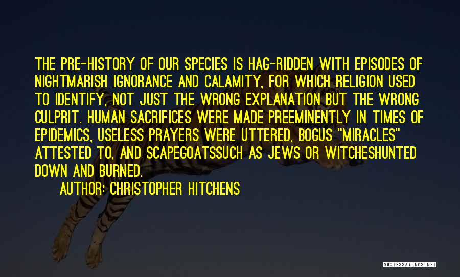 Christopher Hitchens Quotes: The Pre-history Of Our Species Is Hag-ridden With Episodes Of Nightmarish Ignorance And Calamity, For Which Religion Used To Identify,