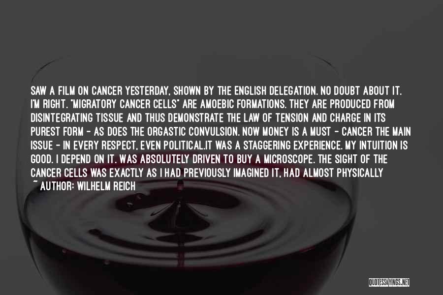 Wilhelm Reich Quotes: Saw A Film On Cancer Yesterday, Shown By The English Delegation. No Doubt About It. I'm Right. Migratory Cancer Cells