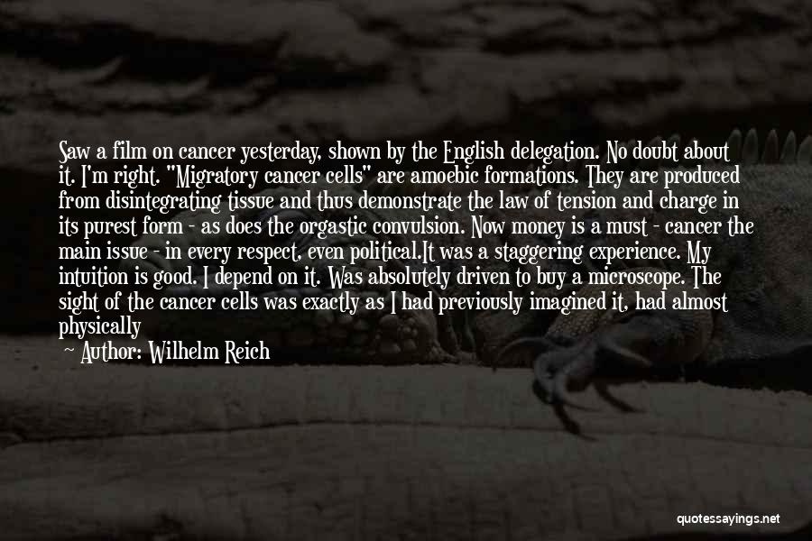 Wilhelm Reich Quotes: Saw A Film On Cancer Yesterday, Shown By The English Delegation. No Doubt About It. I'm Right. Migratory Cancer Cells