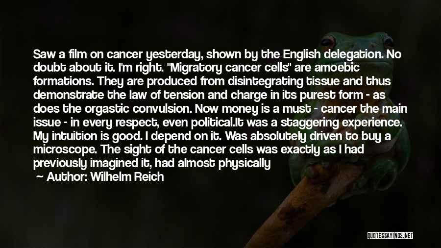 Wilhelm Reich Quotes: Saw A Film On Cancer Yesterday, Shown By The English Delegation. No Doubt About It. I'm Right. Migratory Cancer Cells