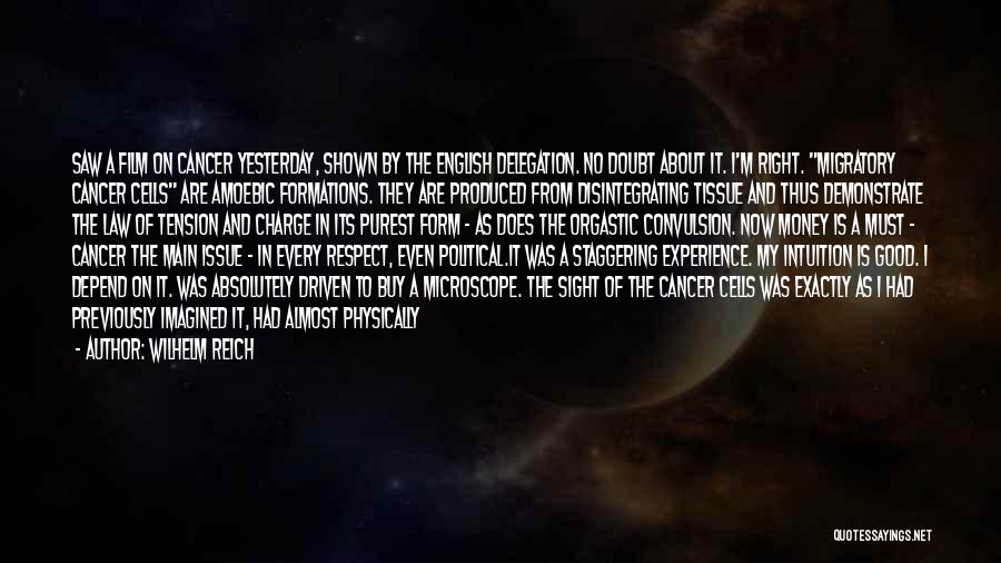 Wilhelm Reich Quotes: Saw A Film On Cancer Yesterday, Shown By The English Delegation. No Doubt About It. I'm Right. Migratory Cancer Cells